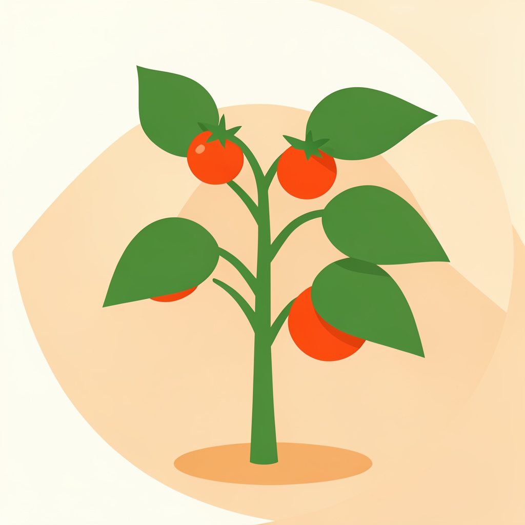 Flat vector illustration of a tomato plant stem with round red fruit and broad green leaves, set against a soft cream and green background