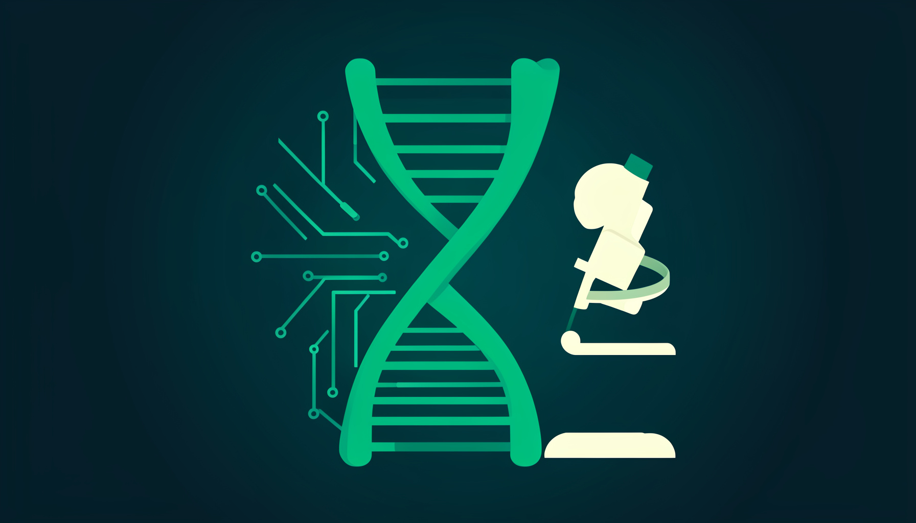Flat vector illustration of a DNA double helix intertwined with circuit-board traces and a microscope silhouette, rendered in deep teal, emerald green, and soft cream tones against a dark gradient background.