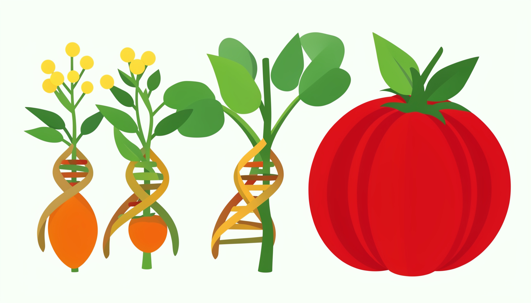 Flat vector illustration of tomato varieties in a spectrum from tiny yellow pearls to large ribbed red heirlooms, with DNA helix ribbons woven through the stems, in warm reds, golds, and leafy greens.