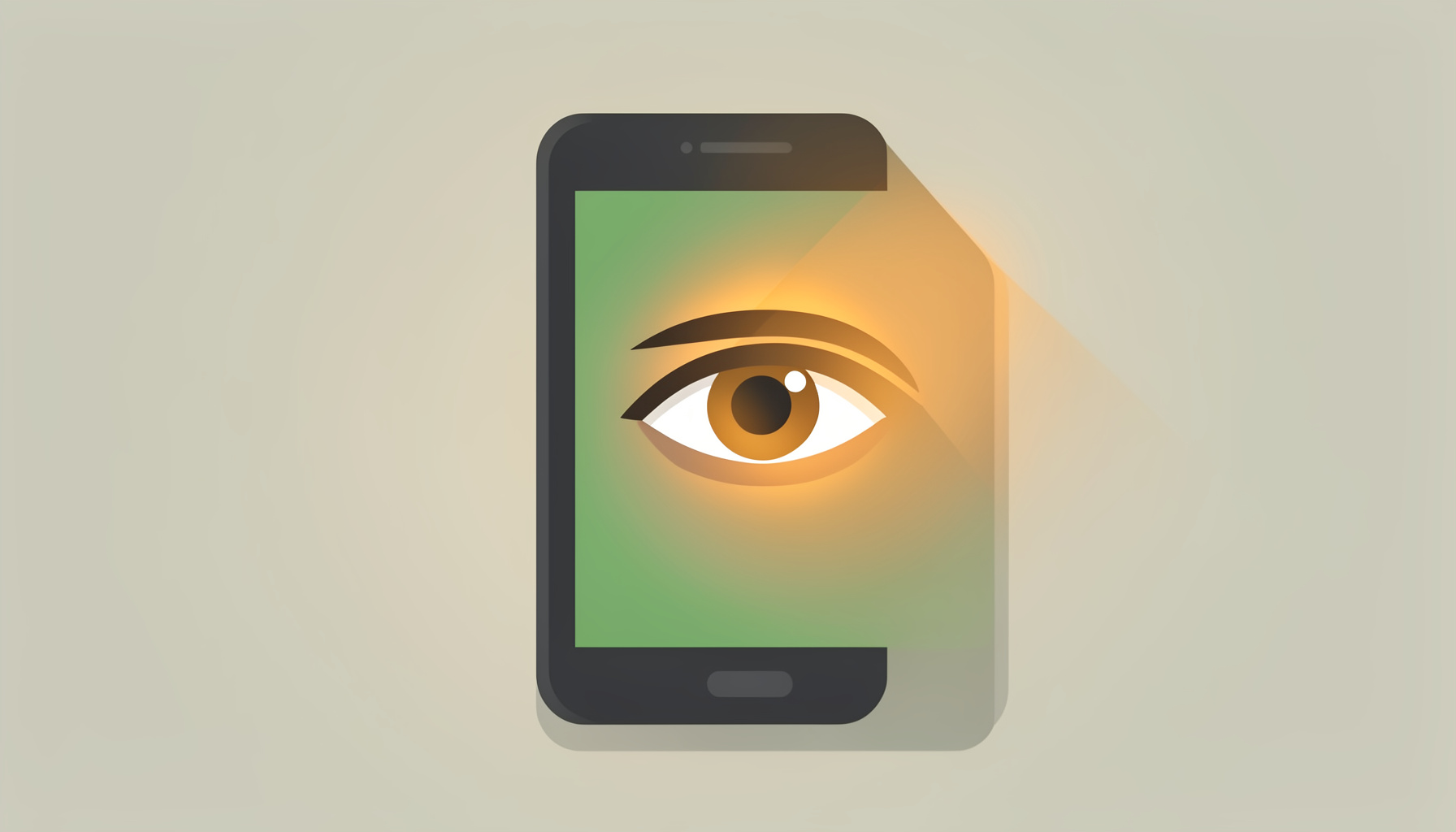 Flat vector illustration of a smartphone casting a shadow over a human eye, with a cautionary amber glow, rendered in muted charcoal, amber, and off-white tones.