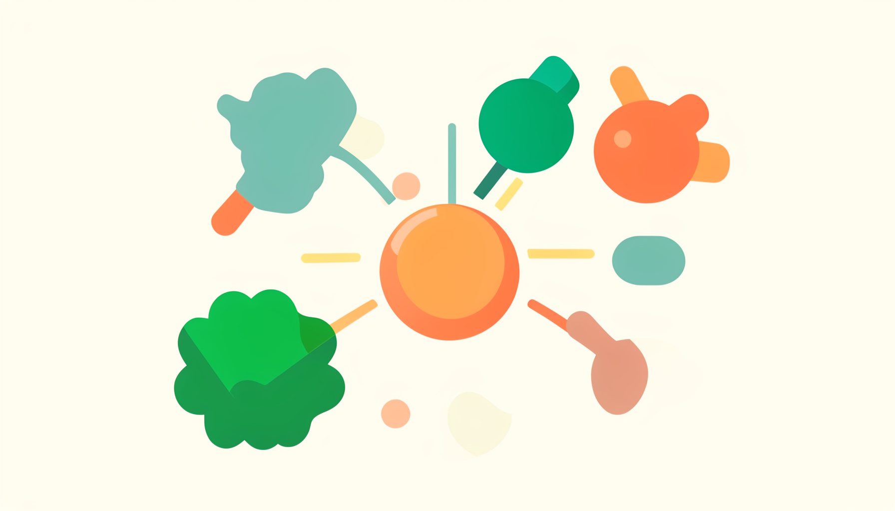 Flat vector illustration of a stylized gut microbiome with colorful bacterial shapes linked to a glucose molecule, in warm coral, teal, and cream tones.