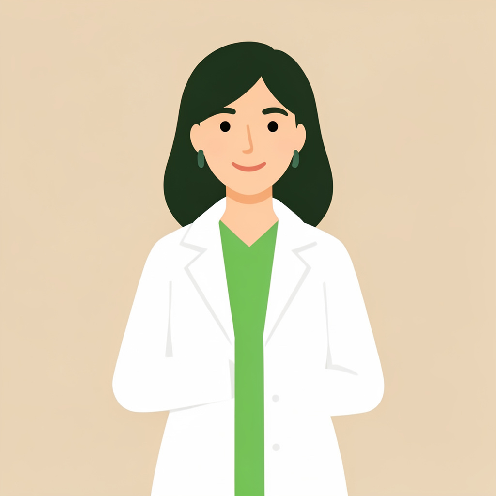 Flat vector illustration of a woman scientist in a white lab coat, warm beige and soft green tones, confident and approachable mood