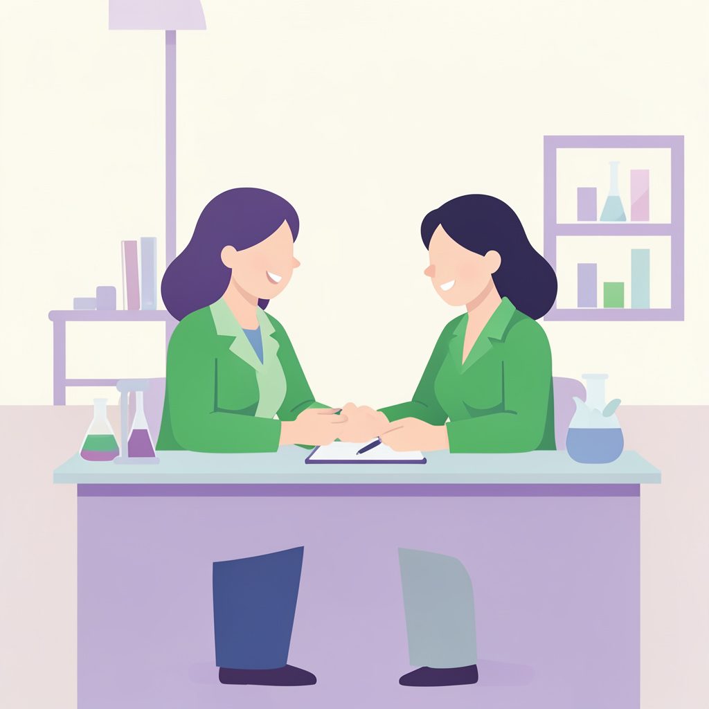 Flat vector illustration of a mentorship scene with two women at a lab bench, soft purple and cream tones, supportive atmosphere