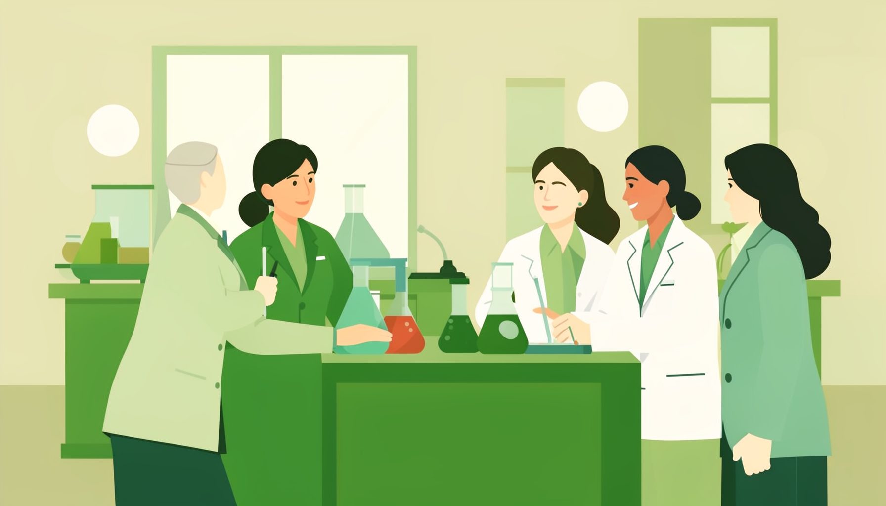 Flat vector illustration of diverse women scientists collaborating in a laboratory, warm greens and creams with soft natural light
