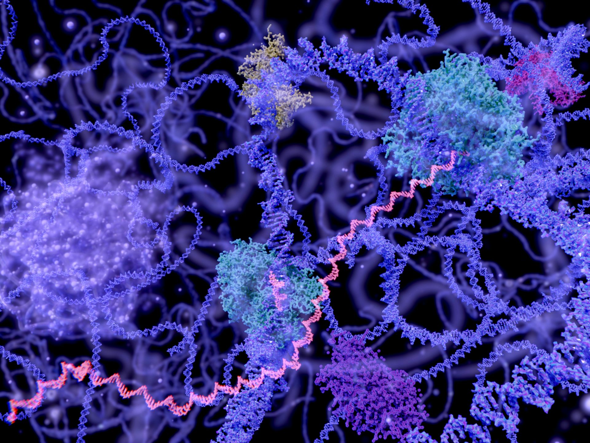 Digital illustration of molecular strands and protein structures in shades of blue, purple, and pink against a dark background