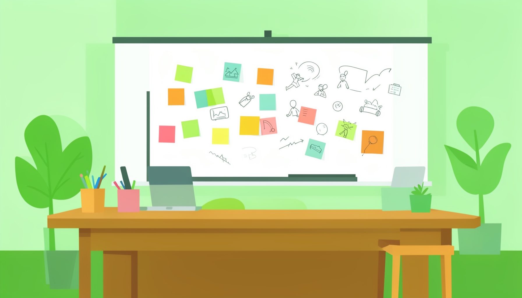 Flat vector illustration of a modern startup workspace with a large whiteboard covered in colorful sticky notes and sketches, warm wood desk tones, soft green accents, and a bright collaborative atmosphere.