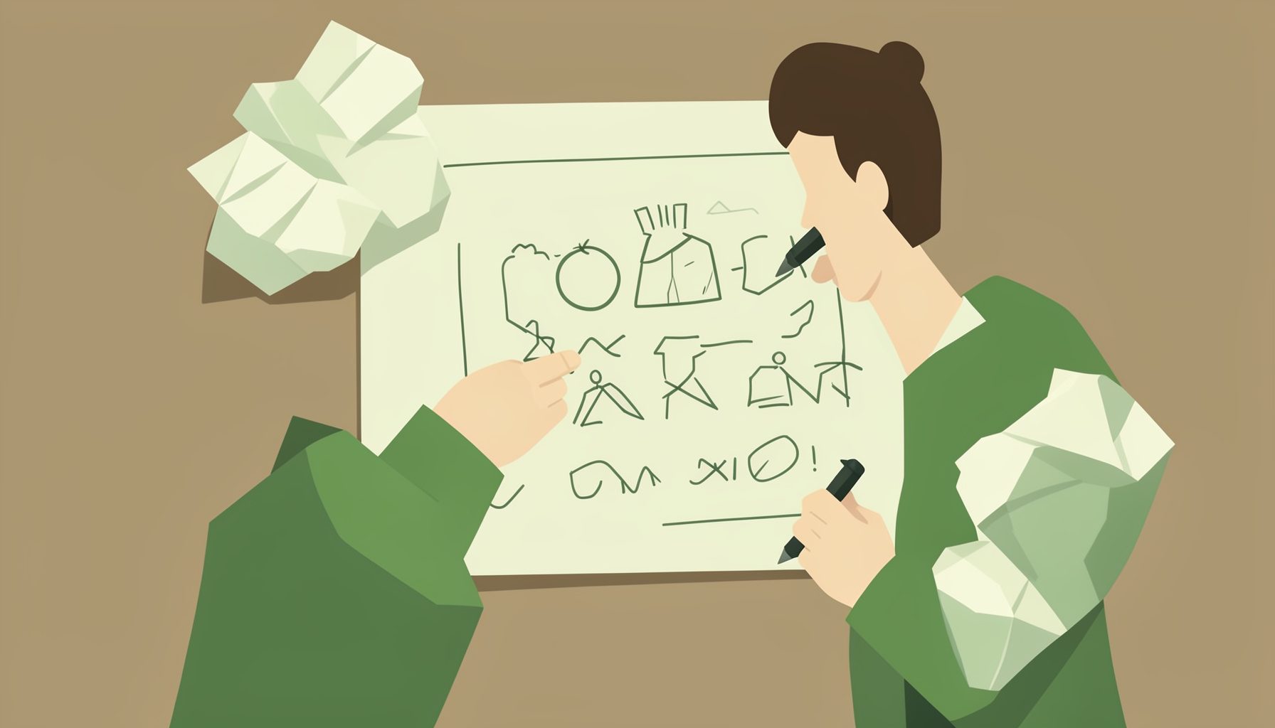 Flat vector illustration of a person sketching brand concepts on a large sheet of paper, surrounded by crumpled drafts, in muted earth tones with soft green highlights.