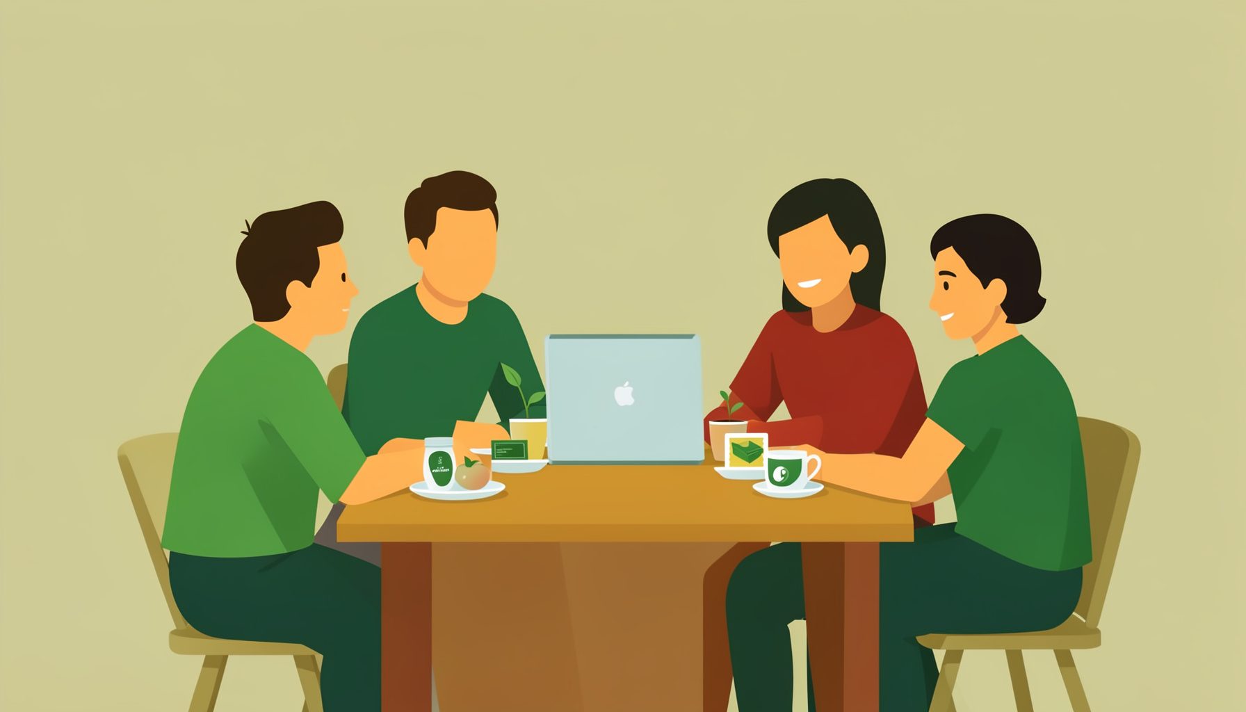 Flat vector illustration of a small team gathered around a table with a laptop and plant-based product prototypes, warm amber and sage green palette.