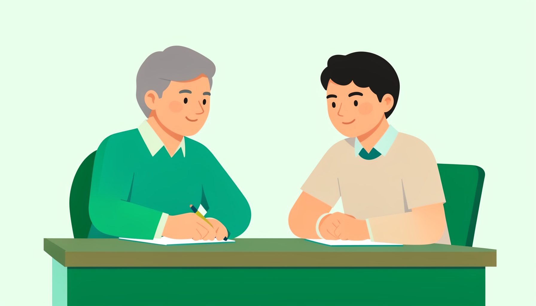 Flat vector illustration of two figures of different ages collaborating at a desk, one with gray hair and one younger, warm neutral tones with teal accents.
