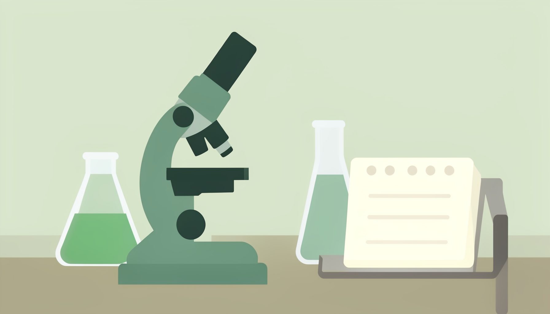 Flat vector illustration of a laboratory workspace with a microscope, beakers, and a notebook, rendered in soft sage green, cream, and warm gray tones