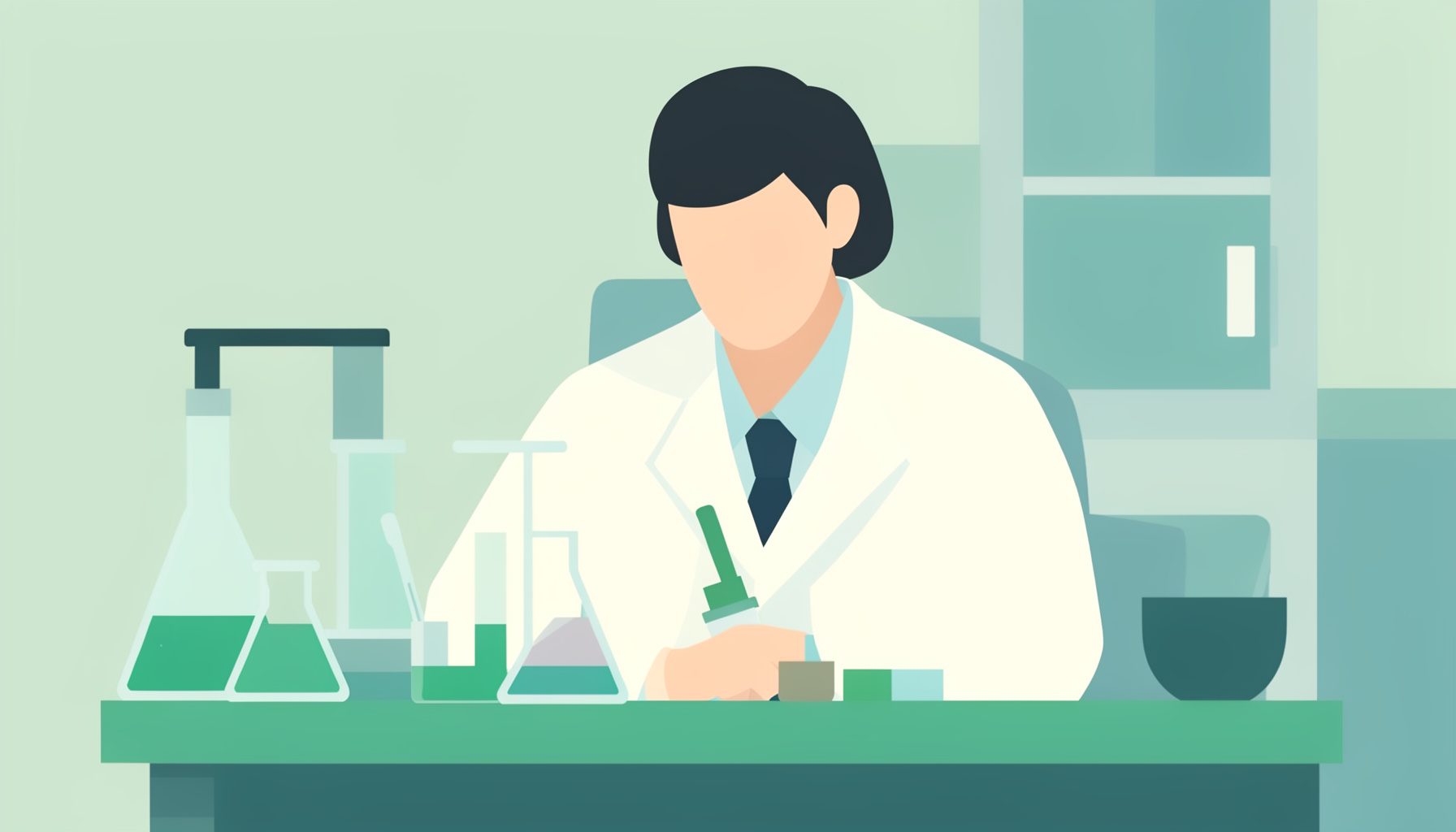 Flat vector illustration of a scientist at a lab bench examining samples, rendered in muted teal, cream, and slate tones