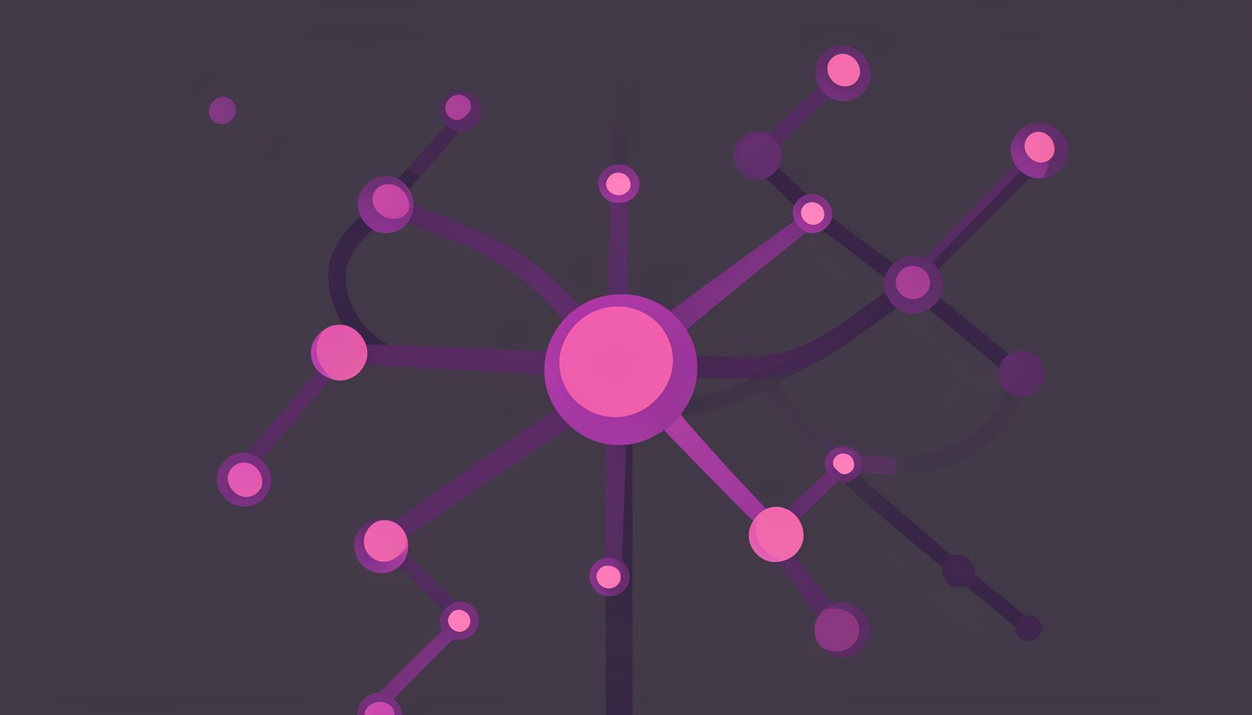 Flat vector illustration of a neuron network with glowing synapses, rendered in deep purple, soft pink, and charcoal tones