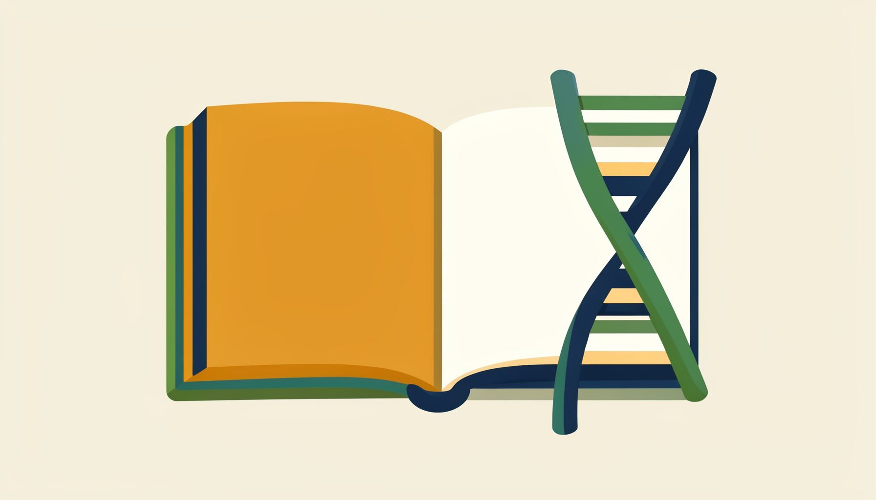 Flat vector illustration of an open research journal and a DNA helix, rendered in warm amber, ivory, and muted navy tones