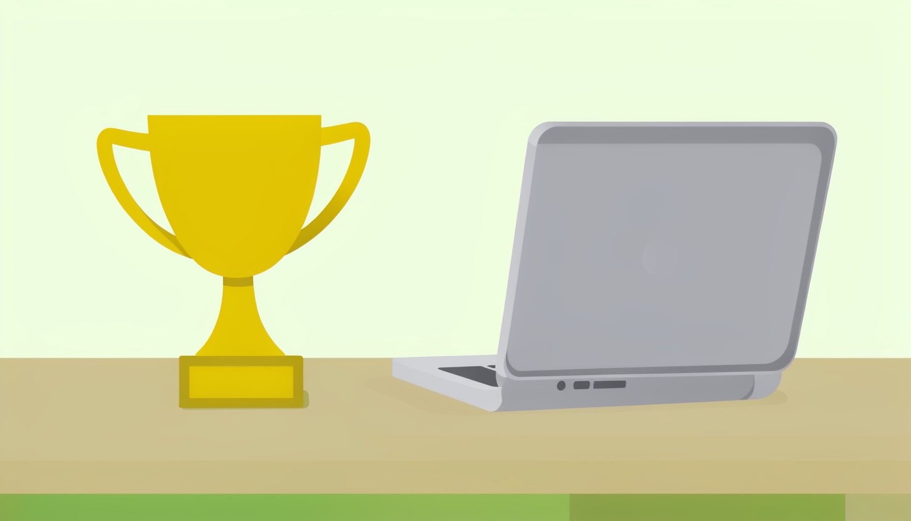 Flat vector illustration of a trophy and certificate on a desk beside a laptop, rendered in gold, cream, and soft gray tones