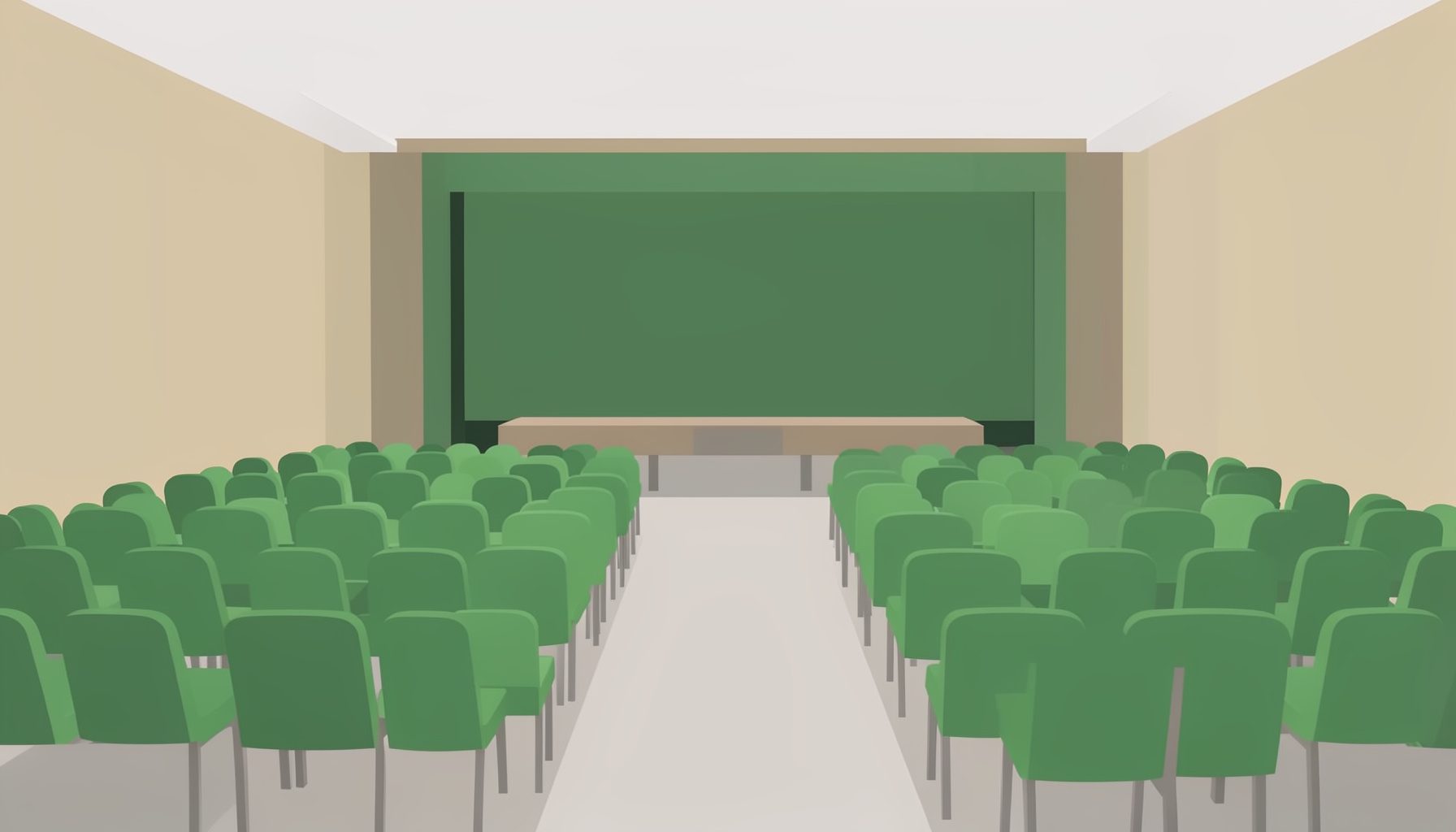 Flat vector illustration of a conference hall with rows of seats and a stage, rendered in muted greens, warm beige, and soft gray tones, conveying a professional gathering atmosphere.