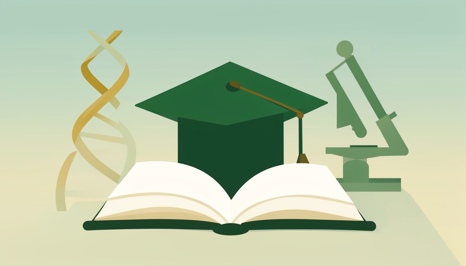 Flat vector illustration of a graduation cap resting on an open book, with a microscope and DNA helix in the background, rendered in muted sage green, cream, and warm gold tones against a soft gradient sky.