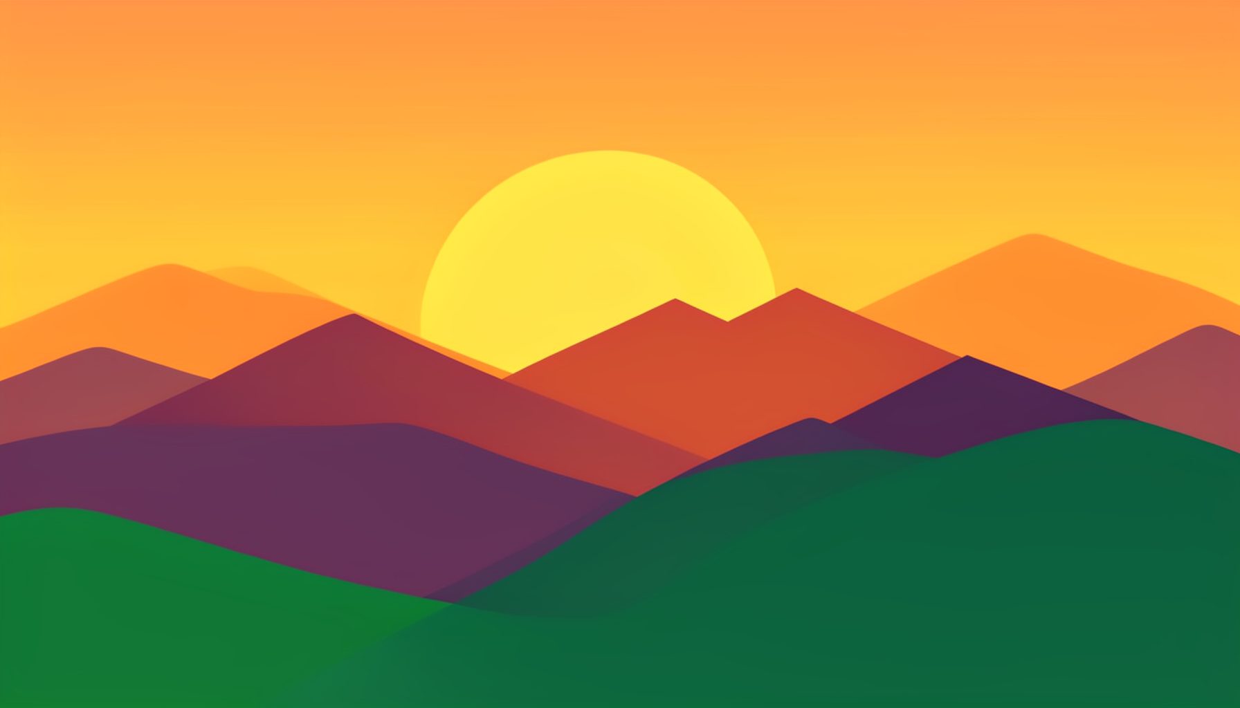 Flat vector illustration of layered mountain ridges at sunrise, rendered in warm orange, gold, and dusky purple tones with a calm, expansive mood